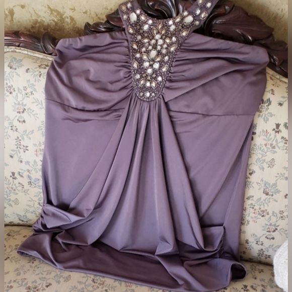 Studio Y Flattering Blouse Crystal Neckline with ties purplish gray New - Picture 6 of 9